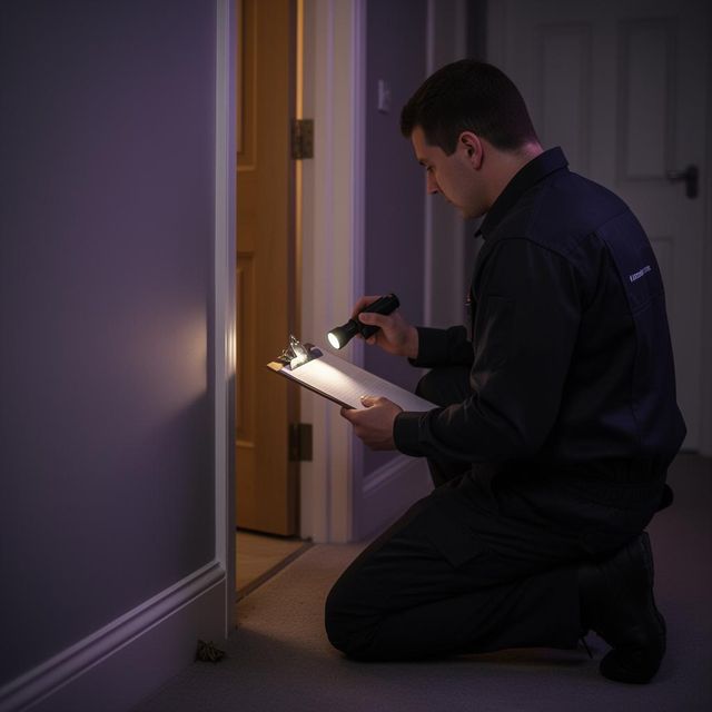Pest Perfection technician kneeling beside a doorway with a torch and clipboard, conducting a thorough property inspection for pest activity.