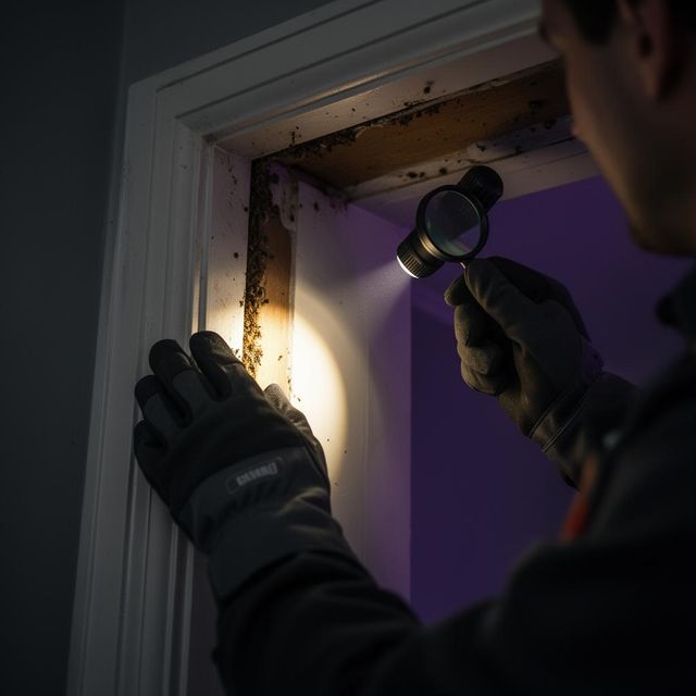 Close-up of gloved hands using a torch and magnifier to examine evidence of pest activity around an interior door frame.