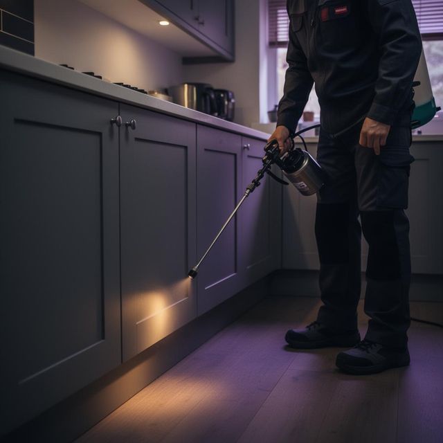 Pest control technician applying targeted insecticide treatment along the base of a UK kitchen unit using a professional pressurised sprayer.