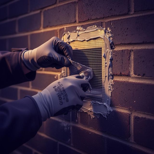 Gloved hands fitting fine steel mesh and sealant around an external air brick to proof a brick wall against pest entry.
