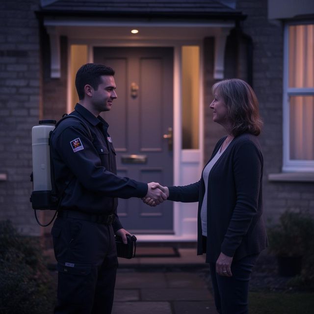 Pest Perfection technician shaking hands with a homeowner on the doorstep of a UK home after completing a successful treatment visit.