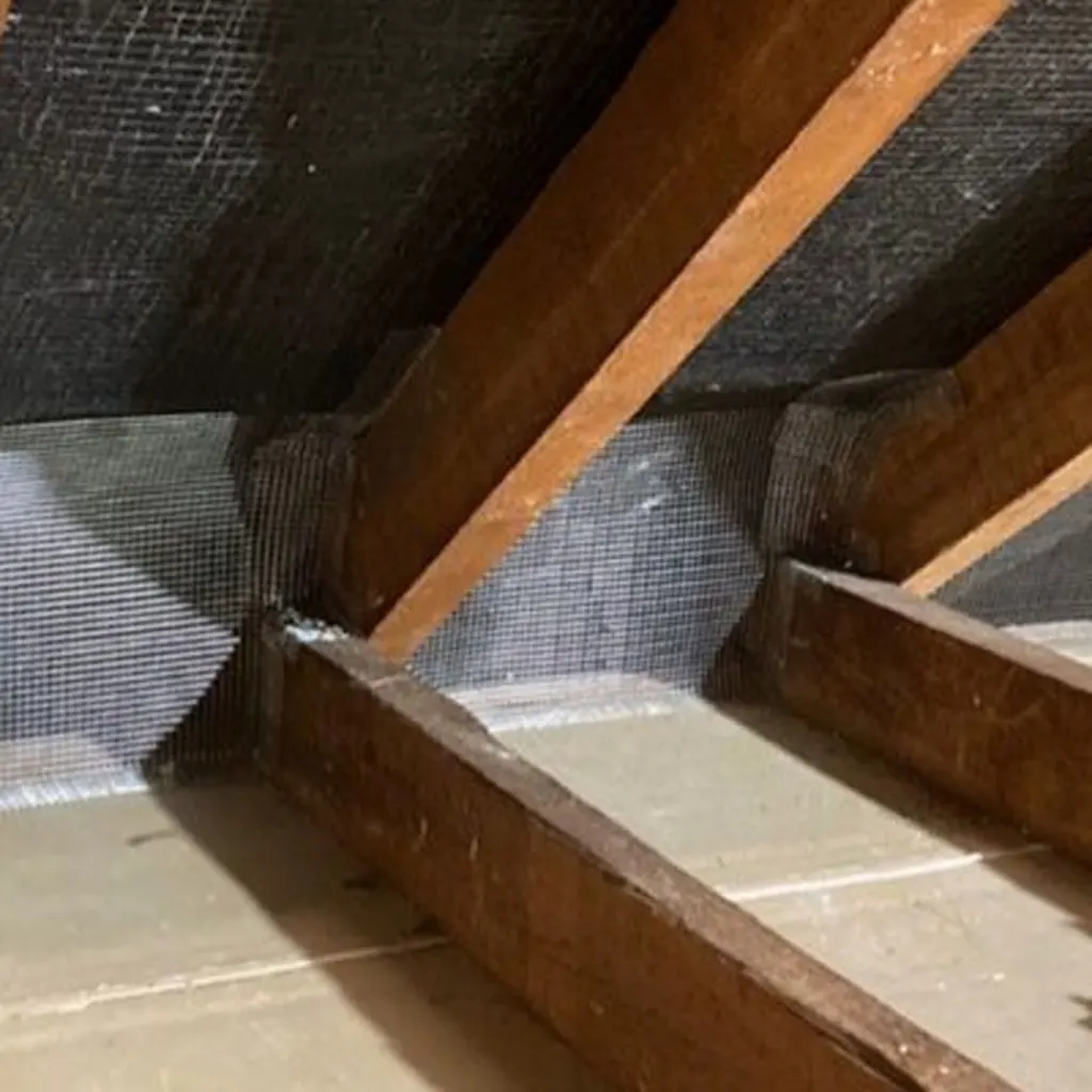 Steel mesh fitted across a gap in loft timbers to stop rodents