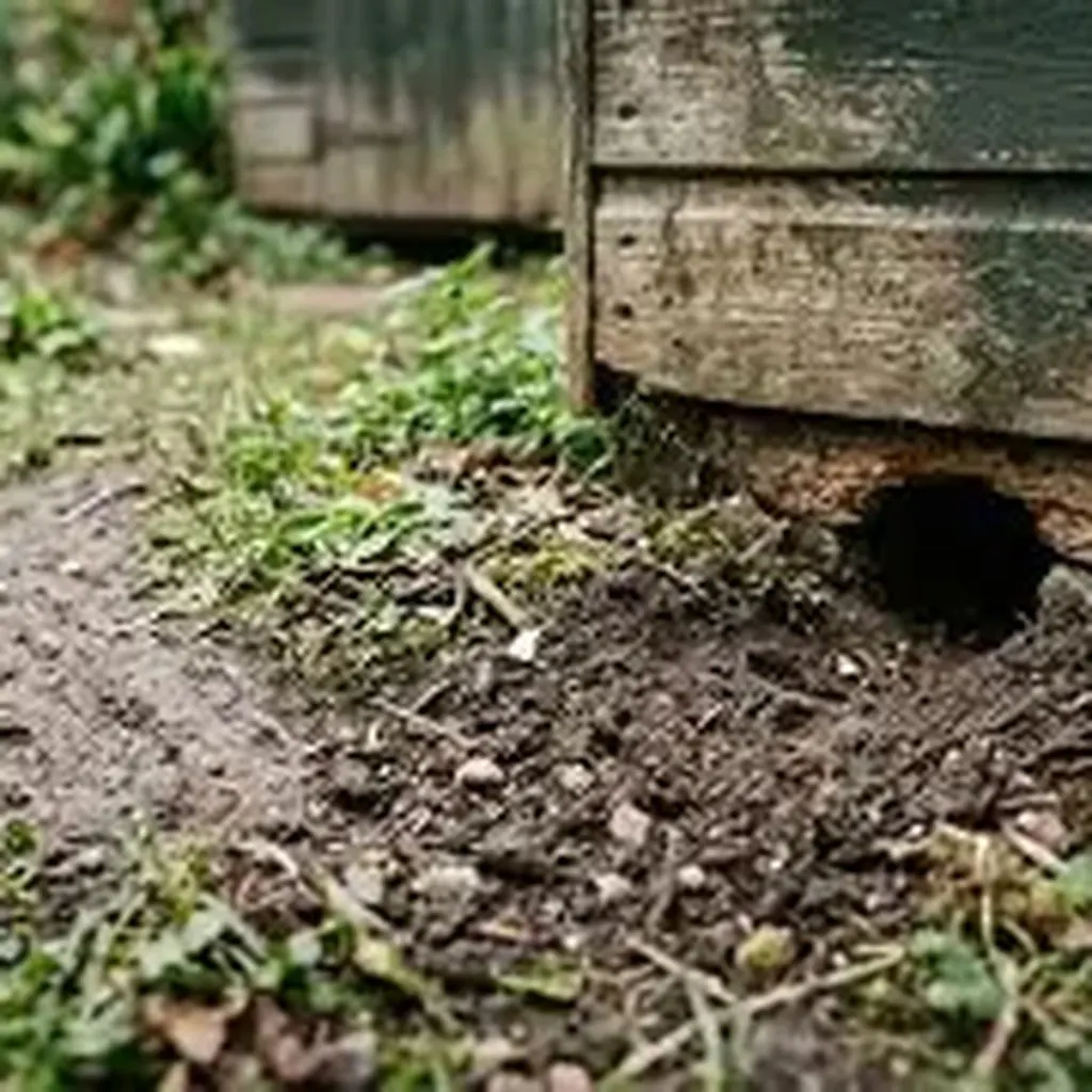 Rat burrow entrance dug beneath a garden shed